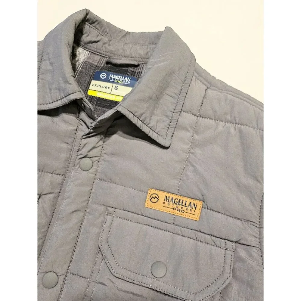 Magellan Outdoors Pro Quilted Shirt Jacket Gray Flannel Lined Campfire, Size Sm